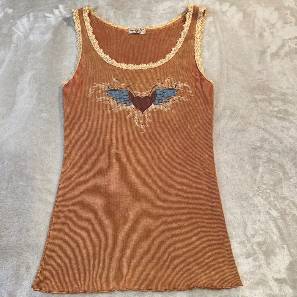 One World Vintage Y2K Ribbed Baby Tank Top Winged Heart Lace Trim Orange Small